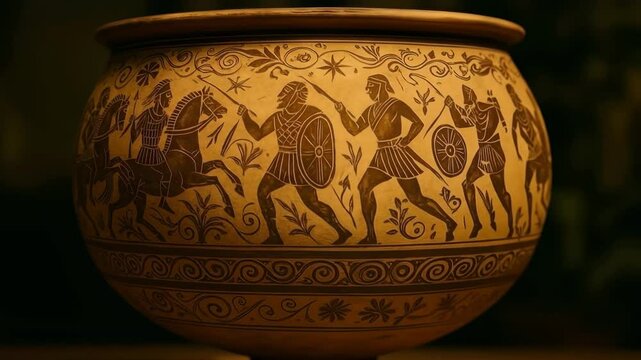 Ancient Krater Battle Scene Pottery Warm Light