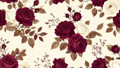 アンティーク風ローズパターン壁紙｜Vintage Rose Pattern Wallpaper