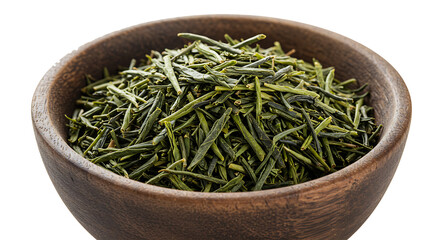 Loose green tea leaves in wooden bowl isolated on transparent background