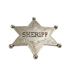 A vintage five-pointed golden star sheriff badge from the wild west isolated on a transparent background png