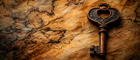 Naklejka premium Antique ornate key resting on aged treasure map, evokes mystery, adventure, and hidden secrets. Perfect for fantasy, adventure, or historical contexts.