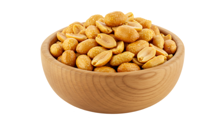 Salted peanuts in wooden bowl isolated on transparent background