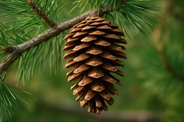 A close up of a pine cone on a tree branch