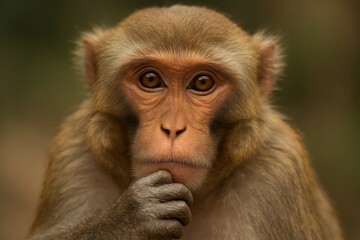 Fototapeta premium A monkey sitting on top of a rock with his hand on his chin