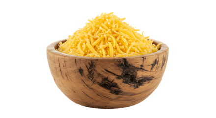 Pile of grated cheddar cheese in wooden bowl isolated on transparent background
