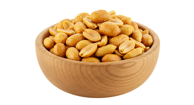Salted peanuts in wooden bowl isolated on transparent background