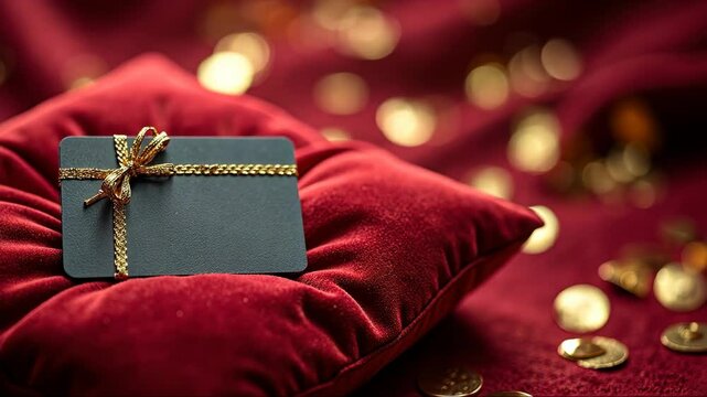 A gift card placed on a luxurious velvet cushion, with gold confetti scattered around. The rich textures and warm lighting creates romantic Christmas eve and new year festive vibes.
