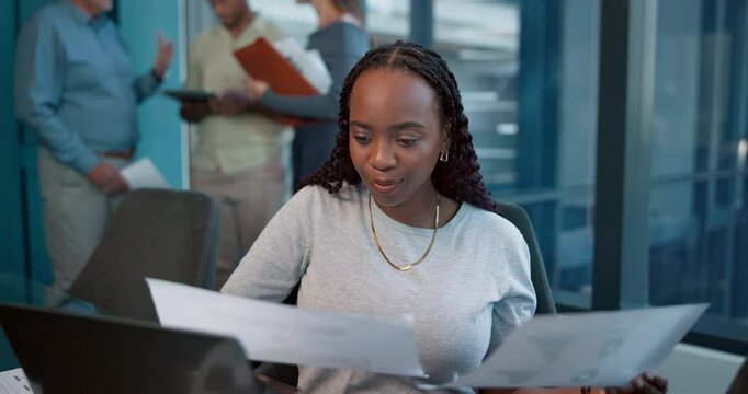 Office, read and woman with laptop for data entry, bookkeeper and records of financial transactions. Review, report or accountant with smile for stats, document or person with tech for administration