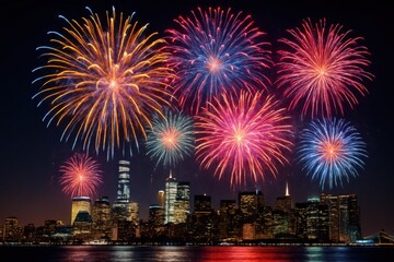 Obraz premium A view of a city skyline with fireworks in the sky