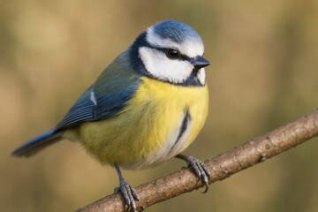 Fototapeta premium A small blue and yellow bird perched on a branch