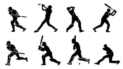 Silhouette Collection of Cricket Batting and Bowling Poses in Action, Isolated on White Background for Sports Vector Design