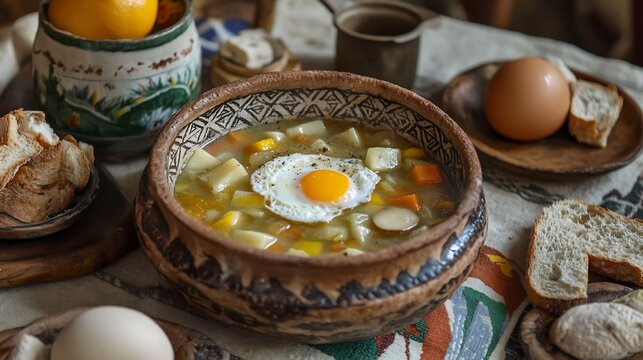 Acquacotta Maremmana Soup with Fried Egg in Rustic Earthenware Bowl