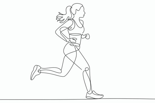 Continuous line drawing of a woman running with her hair flowing
