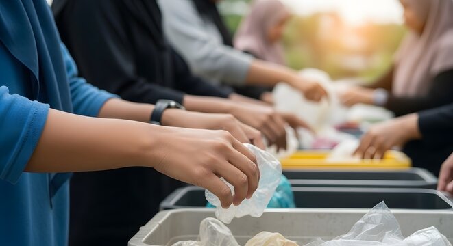 A group of volunteers sorting plastic waste for recycling to protect the environment, Team of diverse people helping to sort out trash at the community event