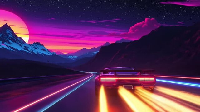 Live wallpaper sports car races on a vibrant neon-lit highway under a colossal retro-futuristic sunset, blending synth-wave and mountainous landscapes.