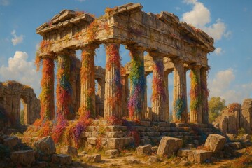 A painting of an ancient temple covered in colorful flowers