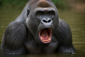 Obraz premium A gorilla yawning in the water with its mouth open