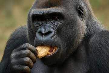 Obraz premium A gorilla eating a piece of food in its mouth