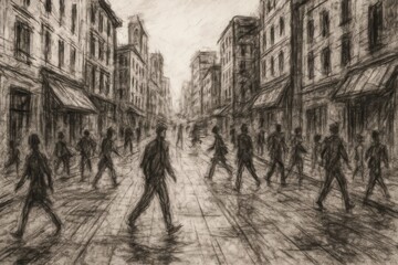 Obraz premium A drawing of people walking down a city street