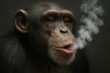 A chimpanzee smoking a cigarette on a black background