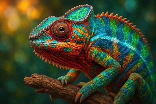 A colorful chameleon sitting on a branch - Powered by Adobe