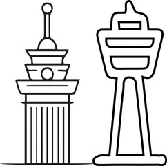 Landmark Outline Icons, Famous Towers Line Art, Architectural Monoline Symbols, Travel Destination Vector Illustrations, City Landmarks Black and White Icons