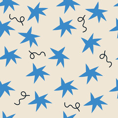 Abstract seamless pattern stylised scribble shapes, stars, and geometric elements on background. Flat graphic style modern design concept. Design for textile, wallpaper, poster, banner, print
