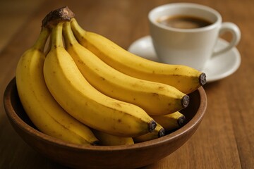 A wooden bowl filled with bananas next to a cup of coffee