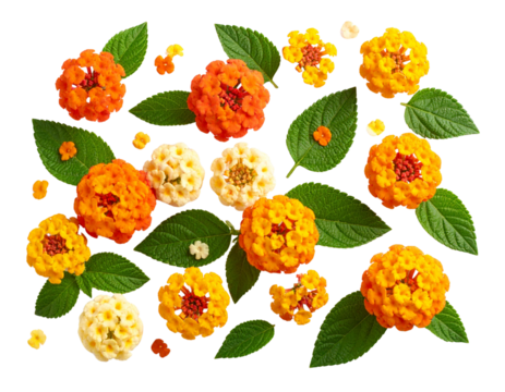 Top-down Flat Lay of Lantana Flower Clusters and Leaves, isolated on a transparent background.