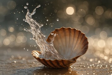 A scallop shell with water splashing out of it