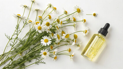 Aesthetic studio shot of a skincare serum bottle, featuring fresh chamomile flowers for a natural feel.