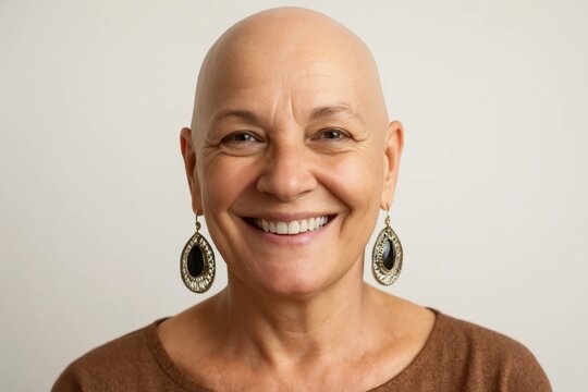 A woman with a bald head smiles at the camera