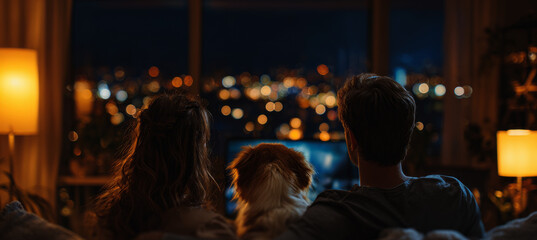Fototapeta premium Young couple with a dog sitting on a sofa in the living room at home, watching a movie or TV show together at night
