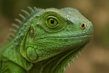 A close up of a green iguana's face