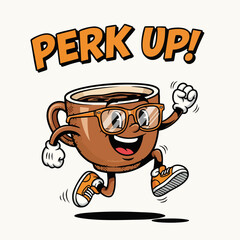 Cartoon Running Coffee Cup Mascot with Glasses for Energy Boost
