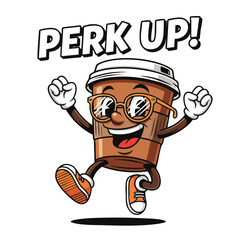 Cartoon Lively Coffee Cup Character Mascot Illustration with Exclamation