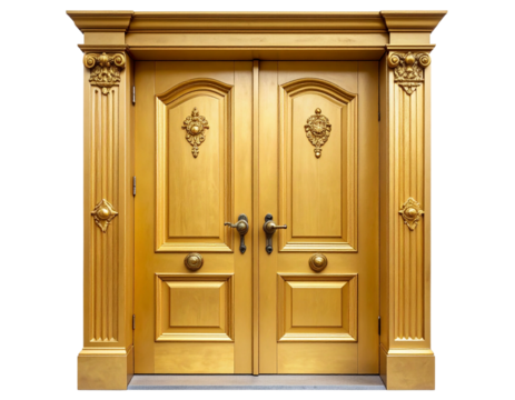  Luxury Closed Golden Vintage Door with Ornate Details, isolated on transparent background PNG