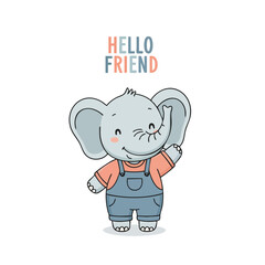 Adorable Handdrawn Elephant Character Wearing Overalls Illustration for Greeting Card