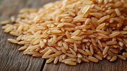 Close-up of brown rice grains on wood