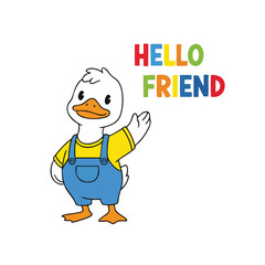 Cute Cartoon Duck Wearing Overalls with Hello Friend Greeting Illustration