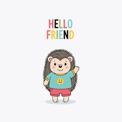 Cute Cartoon Handdrawn Hedgehog with Clothes and Text Greeting Illustration
