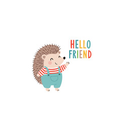 Cute Handdrawn Hedgehog in Overalls with Hello Friend Message Illustration