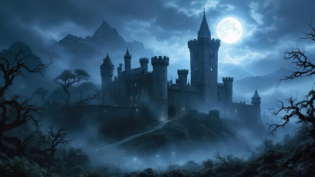 Mysterious ancient castle shrouded in mist under a full moon with a magical glow