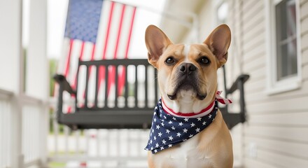 Independence Day Dog wearing American Flag Bandana on Porch Swing