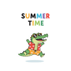 Cheerful Cartoon Alligator Character with Summer Theme Decoration Illustration