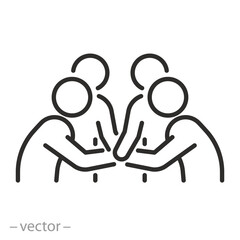 team icon, four hands supporting each other, collaborative teamwork, community of united people, join volunteer team, support and unity, thin symbol on white background - editable stroke vector illust