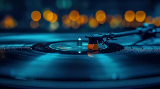 Vinyl spinning, needle down, lit by bokeh