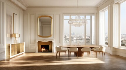 Fototapeta premium A grand dining room with panoramic city views.