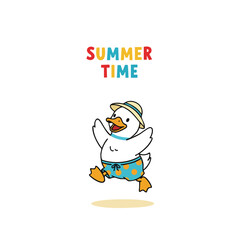 Cute Handdrawn Duck with Summer Time Text Illustration Cartoon Character