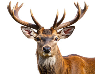  Majestic Brown Deer Head Front View with Large Antlers, isolated on transparent background PNG